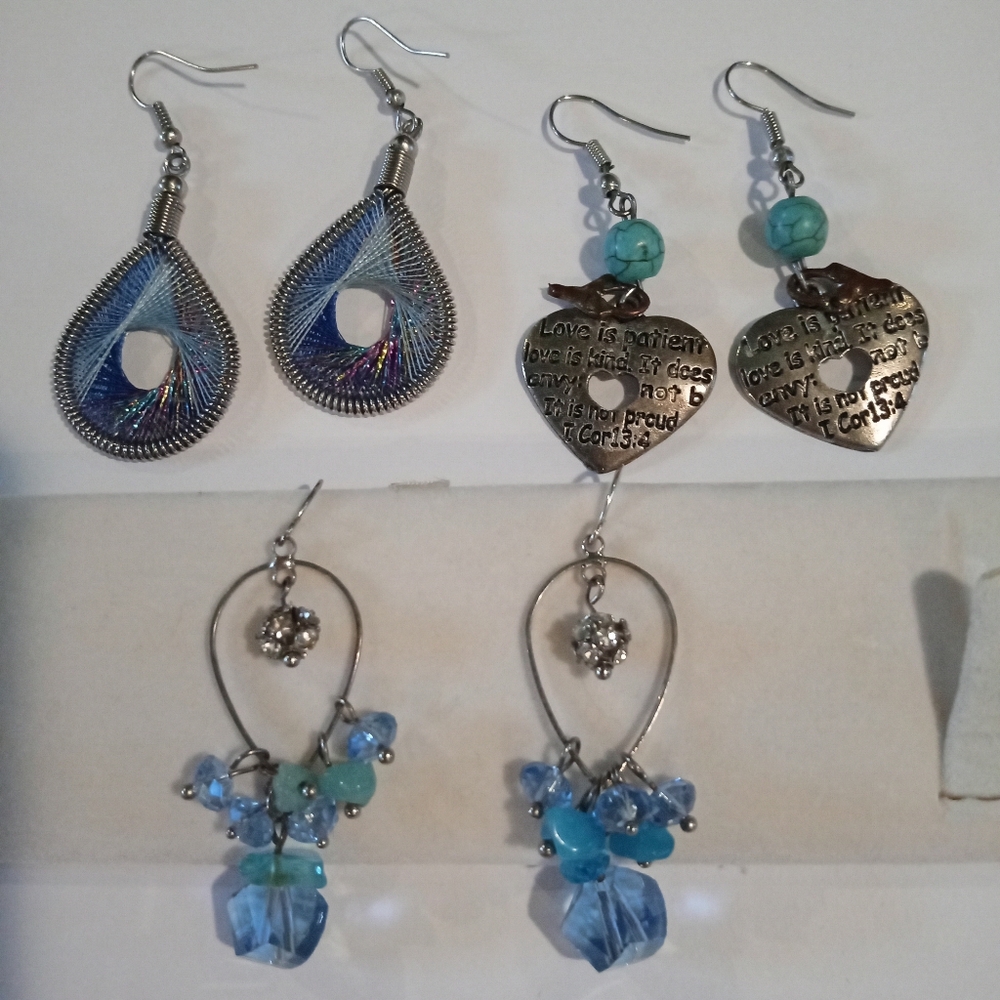 3 Prs VTG Blue/Silver Hook Dangle Earrings 2" Long Sparkly Teardrop Hearts Beads